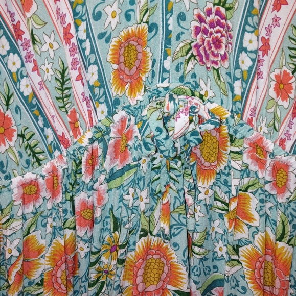 UMGEE Mint Mix Floral Balloon Sleeve Ruffle Trim Dress Elastic Waist, Medium - Picture 2 of 6